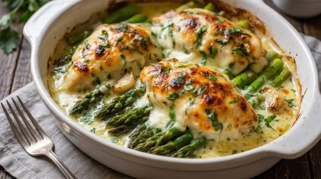 A bubbling Cheesy Garlic Asparagus Chicken Casserole in a white baking dish featuring golden-brown melted mozzarella over chicken breasts and green asparagus spears in a white cream sauce.