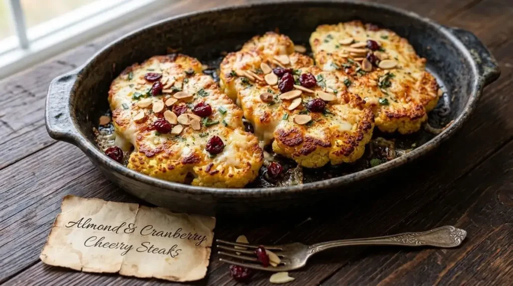 Cheesy roasted cauliflower steaks topped with melted golden mozzarella cheese and chopped chives in a rustic baking dish.