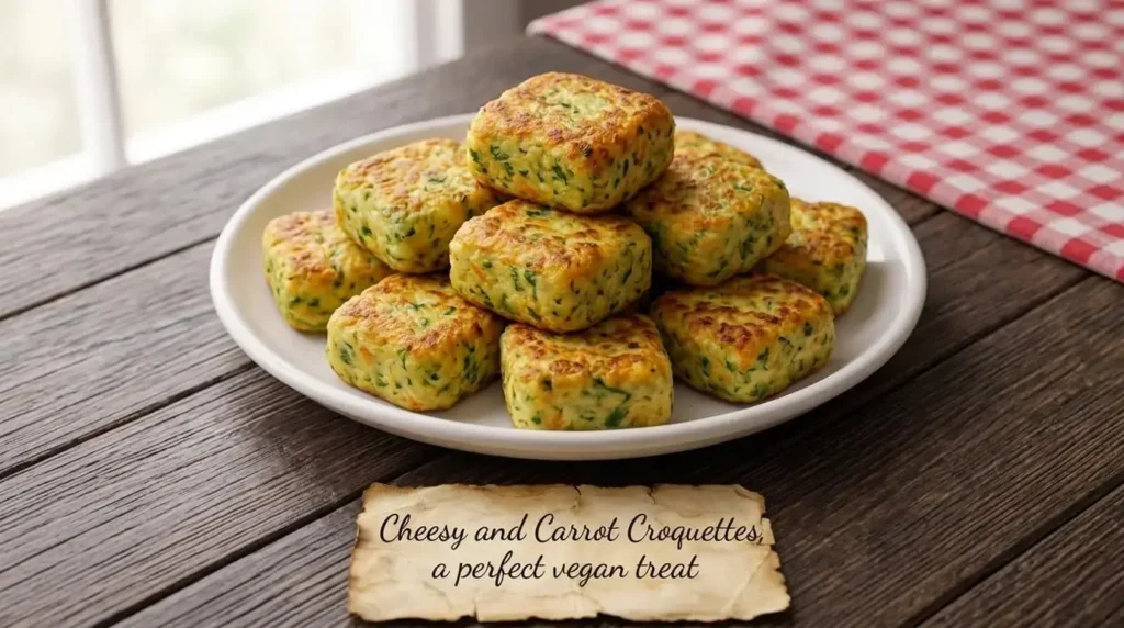 A white plate stacked with golden-brown, herby, cylindrical cheesy zucchini and carrot croquettes on a dark wooden table.