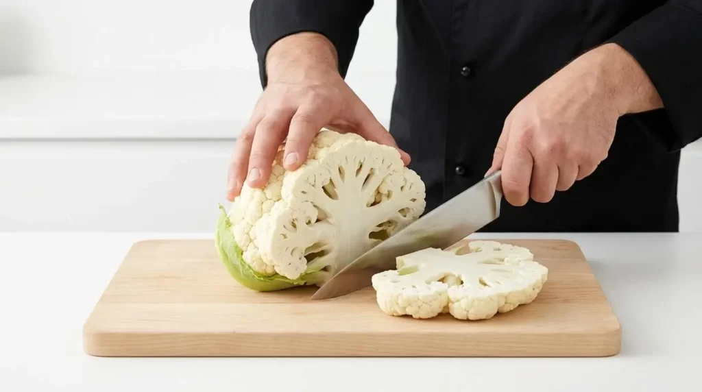 How to cut cauliflower into thick steaks for roasting.