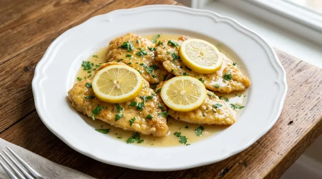 Classic Chicken Francese recipe featuring golden egg-battered cutlets topped with lemon slices and fresh parsley in a glossy sauce.