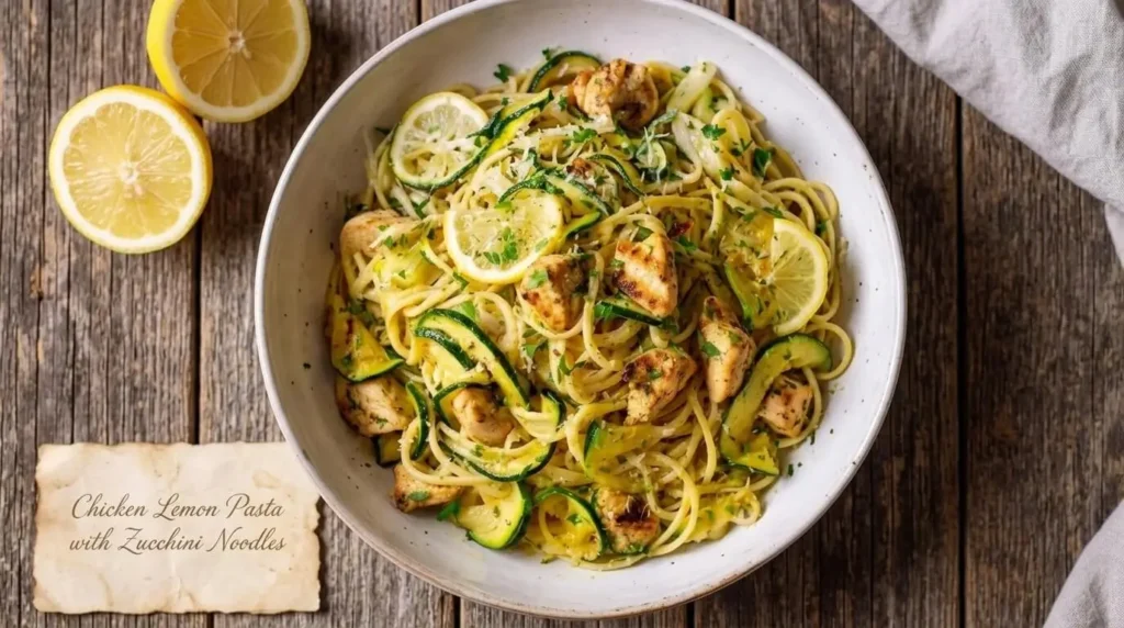 Easy chicken lemon pasta with zucchini noodles ribbons, seared chicken cubes, and fresh lemon slices served in a ceramic bowl.