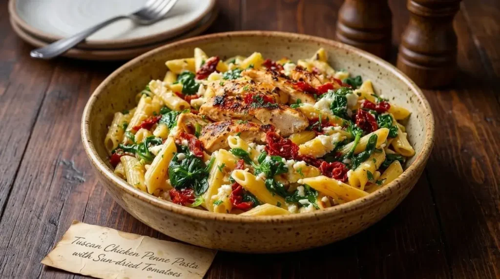 A rustic bowl of Tuscan Chicken Penne Pasta with Sun-dried Tomatoes featuring seared chicken slices, wilted spinach, red sun-dried tomatoes, and crumbled feta cheese on a dark wood table.