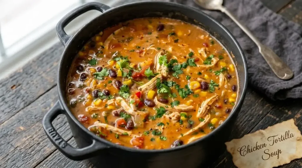A rich, orange-red Mediterranean-friendly Chicken Tortilla Soup packed with shredded chicken, black beans, and sweet corn inside a black Dutch oven.