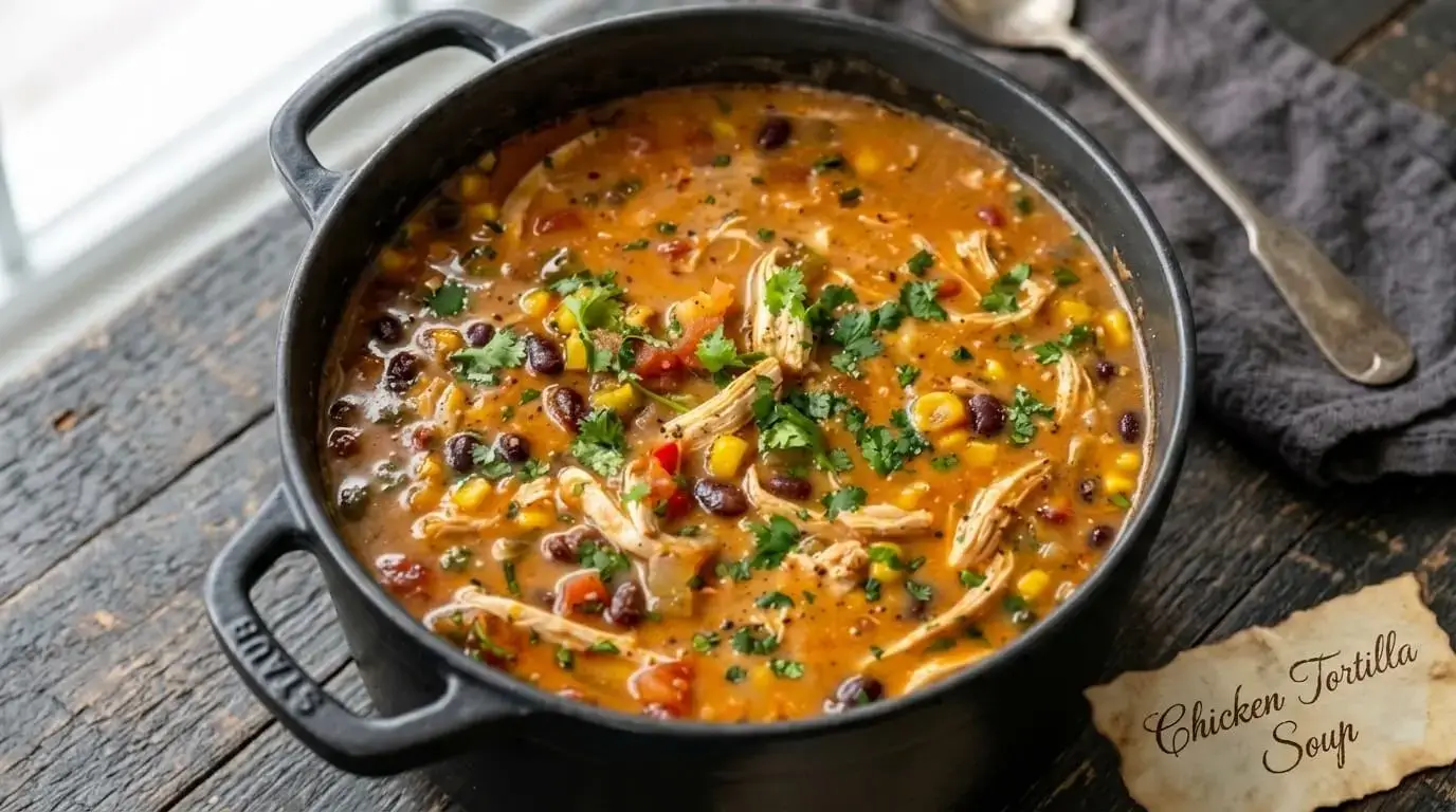 A rich, orange-red Mediterranean-friendly Chicken Tortilla Soup packed with shredded chicken, black beans, and sweet corn inside a black Dutch oven.