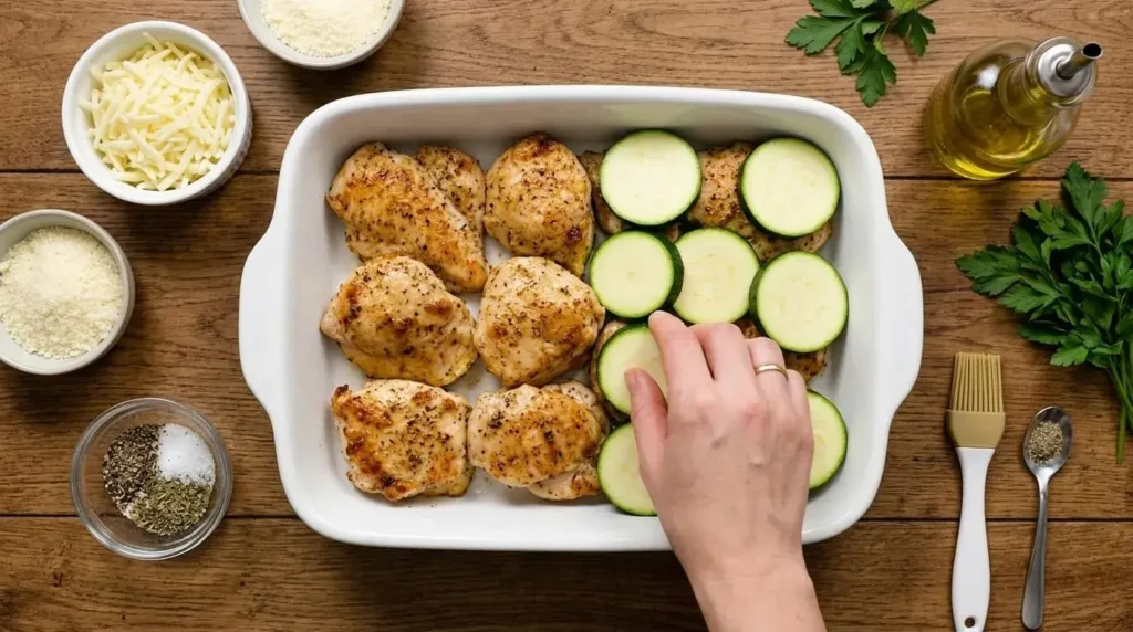 Step-by-step assembly of a chicken zucchini casserole, showing seared chicken pieces being topped with fresh zucchini rounds in a white dish.