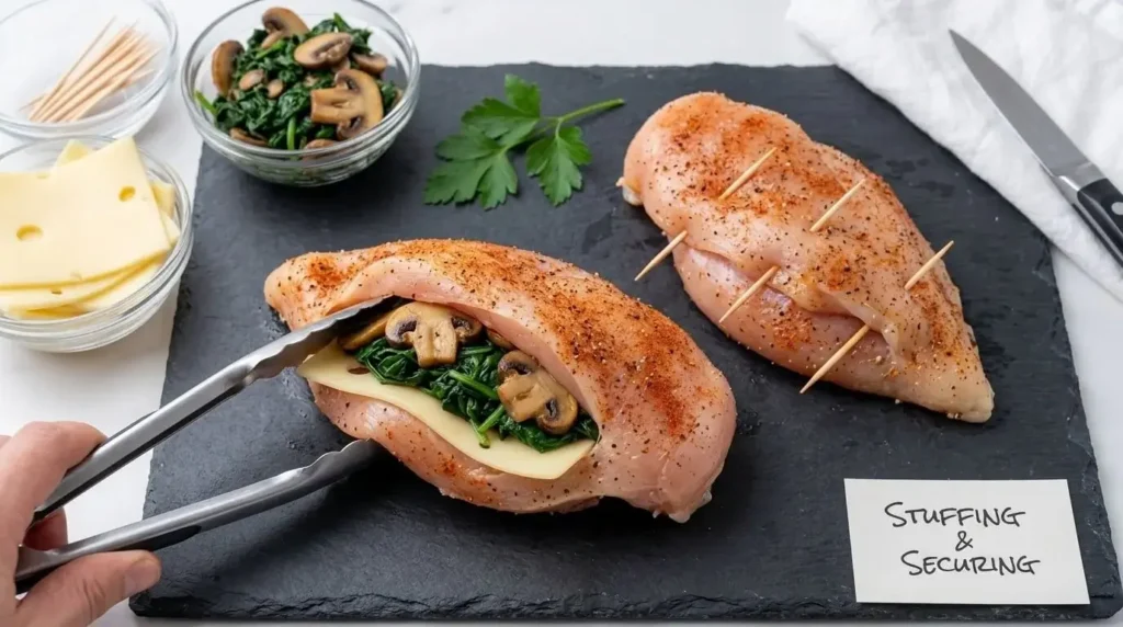 A seasoned raw chicken breast stuffed with a slice of Swiss cheese and sautéed spinach and mushrooms, secured closed with three wooden toothpicks.