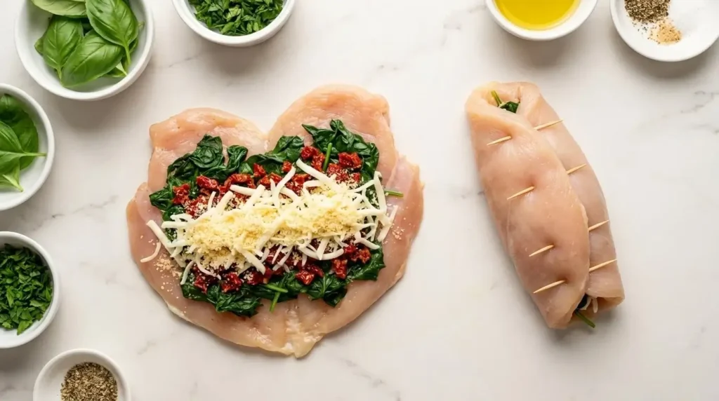 Step-by-step process showing flattened chicken breast stuffed with spinach, sun-dried tomatoes, and cheese being rolled and toothpick-secured.