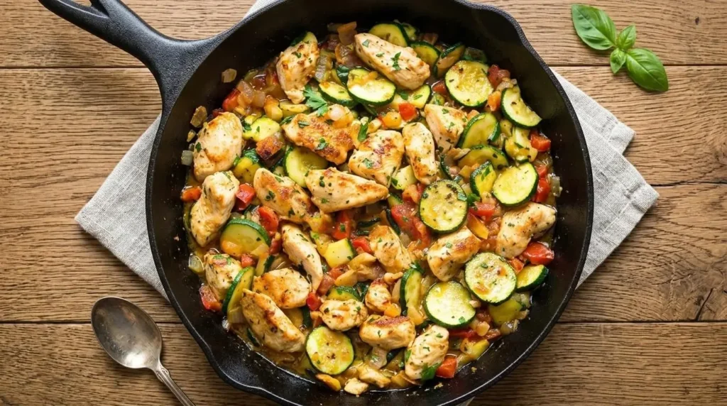 Garlic Herb Chicken and Zucchini Skillet cooked in a black pan with fresh herbs and tomatoes.