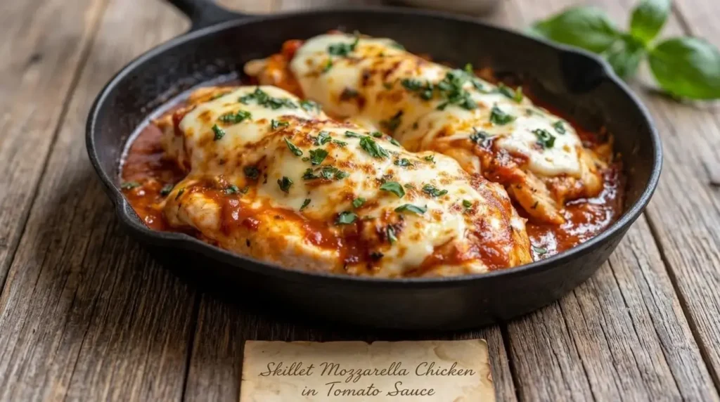 Oven-broiled skillet mozzarella chicken in tomato sauce topped with melted, bubbly cheese and fresh basil in a cast-iron skillet on a rustic wooden table.