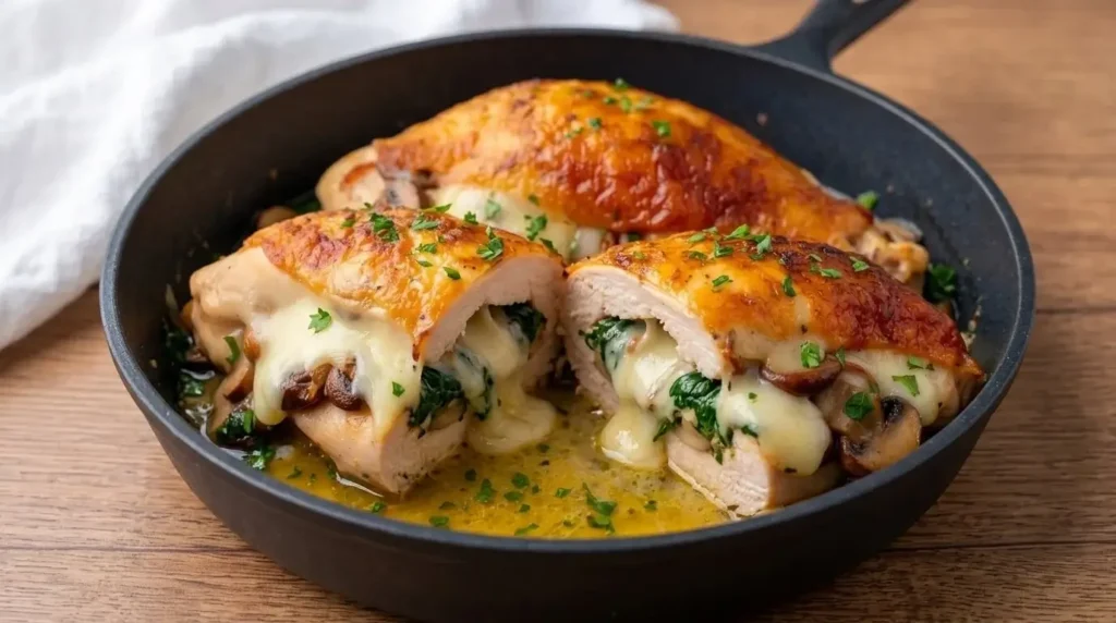 A rustic cast-iron skillet containing two golden-brown Mushroom and Swiss Stuffed Chicken Breasts, with one sliced open to show a gooey, melted Swiss cheese and spinach-mushroom filling, garnished with fresh parsley.