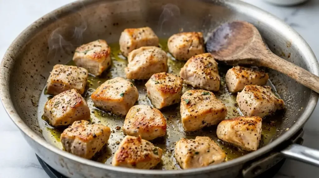 Searing cubed chicken breast pieces in a hot skillet with extra virgin olive oil to create a golden-brown crust.