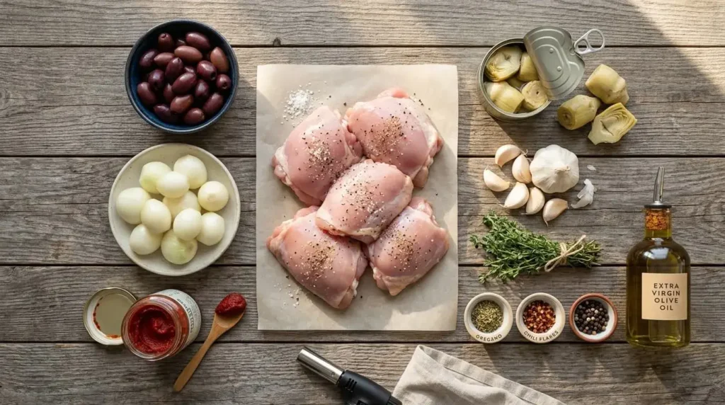 Ingredients for making Mediterranean Braised Chicken, including chicken, artichokes, olives, and herbs on a wooden table.