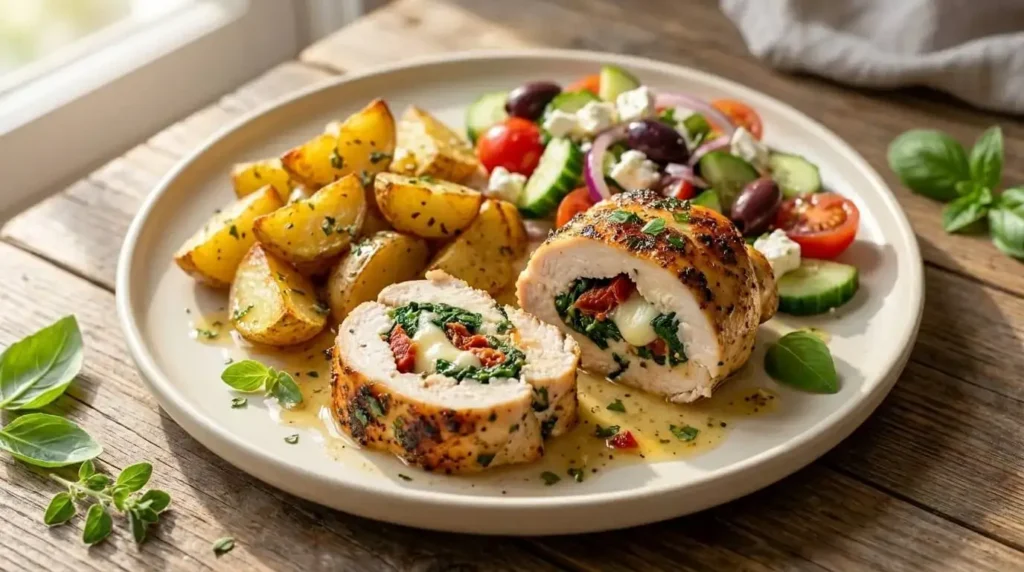 Plated Tuscan stuffed chicken roll-ups sliced into pinwheels served with roasted garlic potatoes and fresh Mediterranean salad.