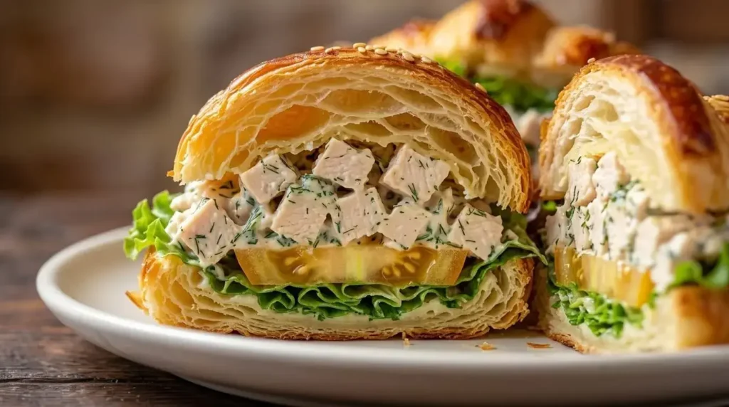 Macro close-up shot showing the layered filling of a chicken salad croissant sandwich with green herbs and tomatoes.