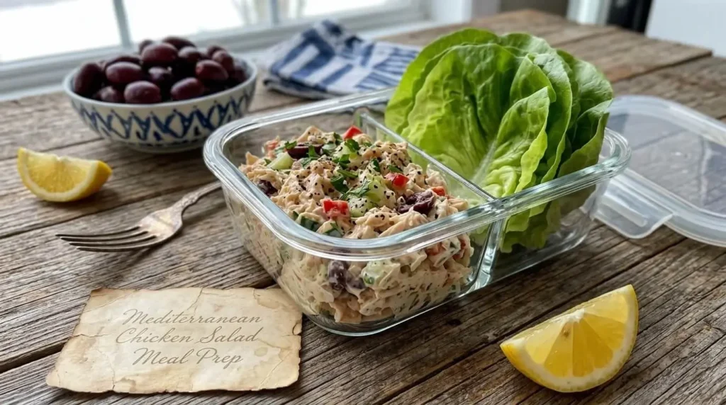 Glass meal prep container filled with homemade Mediterranean chicken salad next to fresh lettuce cups and lemon wedges.