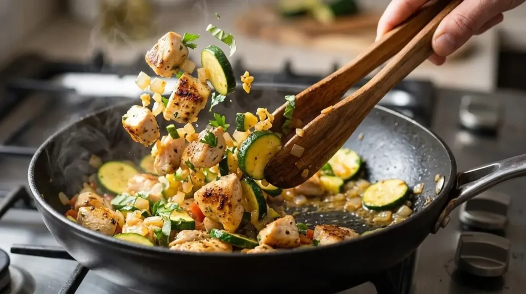 Searing bite-sized chicken breast and zucchini slices in a skillet with garlic and olive oil.