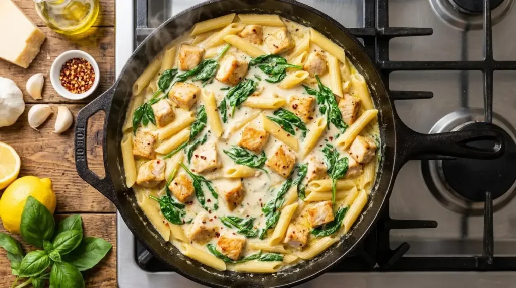 Cooking Creamy Chicken and Spinach Penne Pasta in a skillet on the stove.