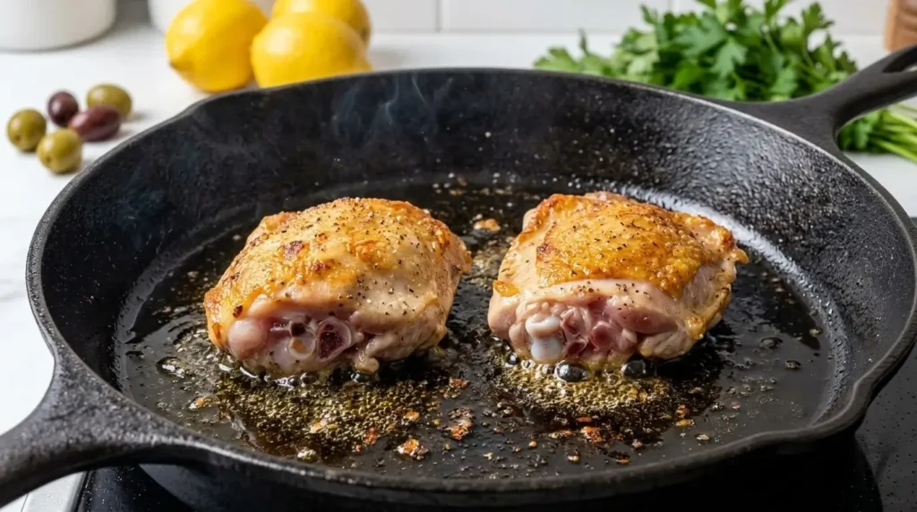Chicken thighs searing skin-side down in a hot cast-iron skillet with olive oil.
