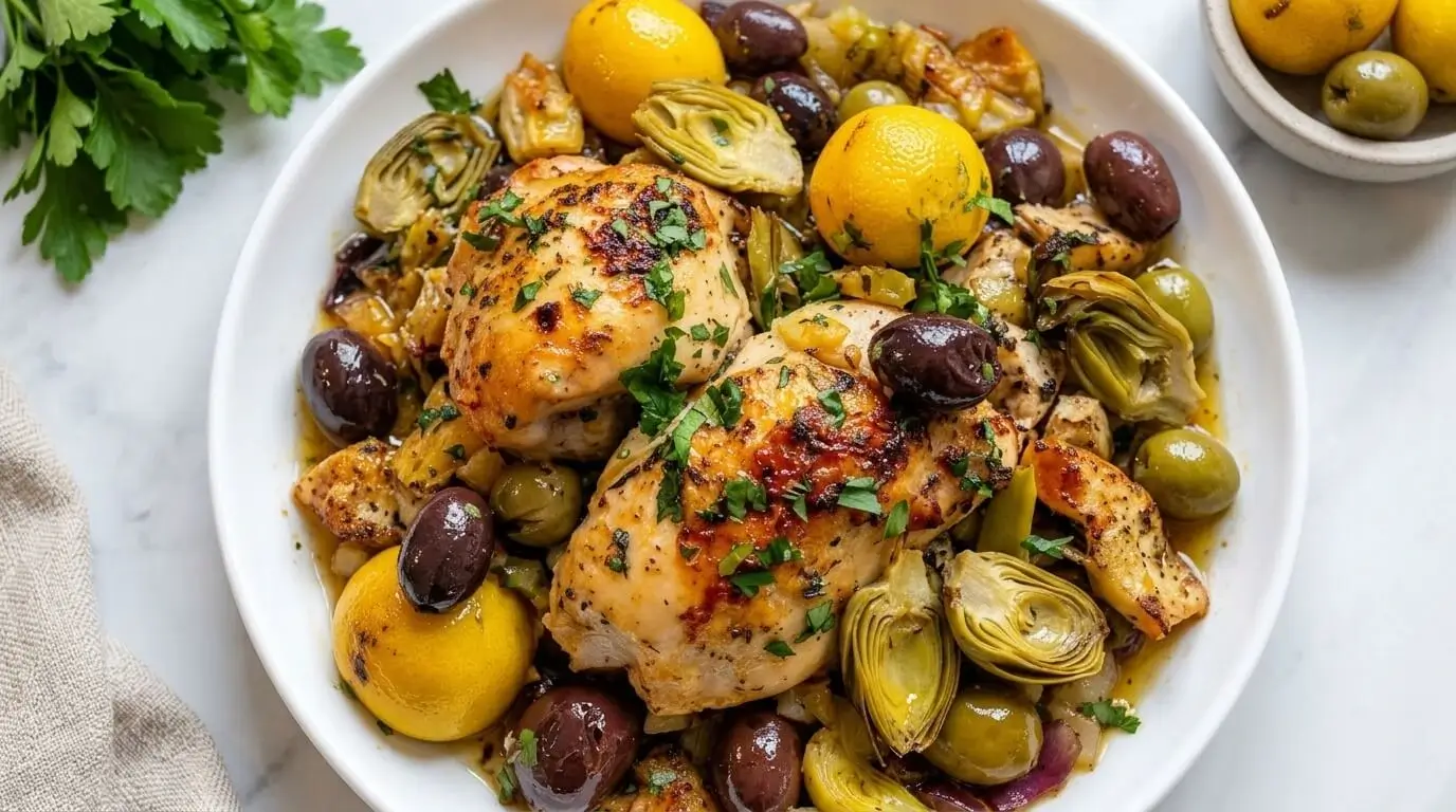 A close-up view of a platter containing Greek lemon chicken with artichokes, whole roasted lemons, and Kalamata olives.