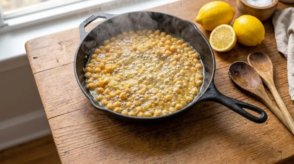 Chickpeas simmering in a skillet with garlic, olive oil, oregano, and lemon juice for Mediterranean recipe prep.