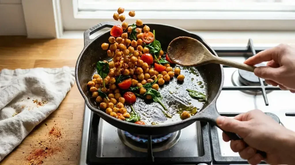 Spiced chickpeas, cherry tomatoes, and baby spinach sautéing in a cast-iron skillet with garlic and olive oil.