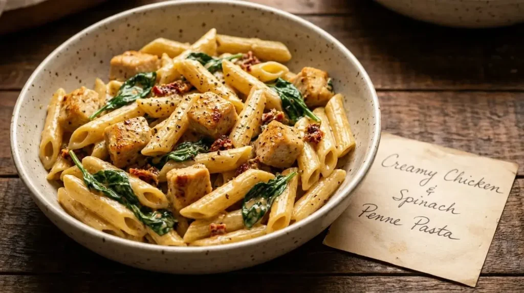 Creamy Chicken and Spinach Penne Pasta with wilted spinach and sun-dried tomatoes in a ceramic bowl.