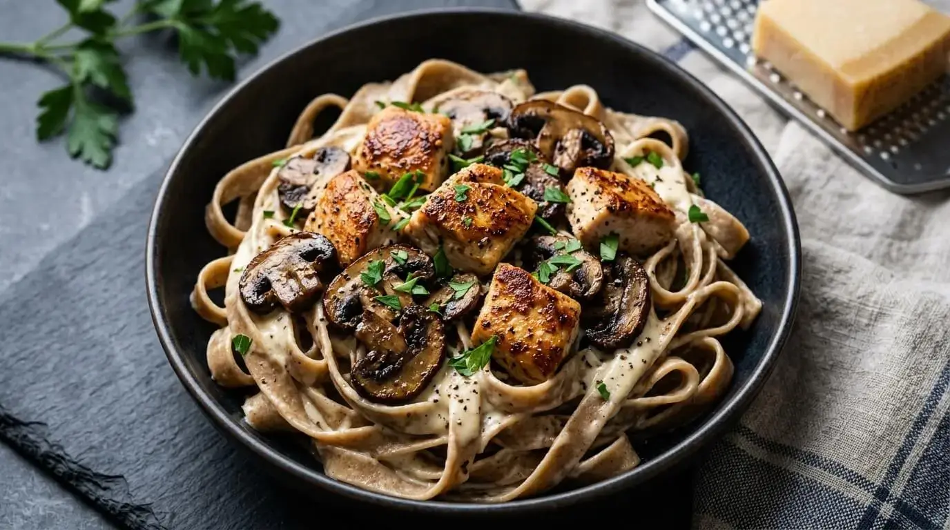 Creamy Garlic Parmesan Chicken & Mushroom Fettuccine served with fresh parsley and Parmesan cheese in a dark bowl.