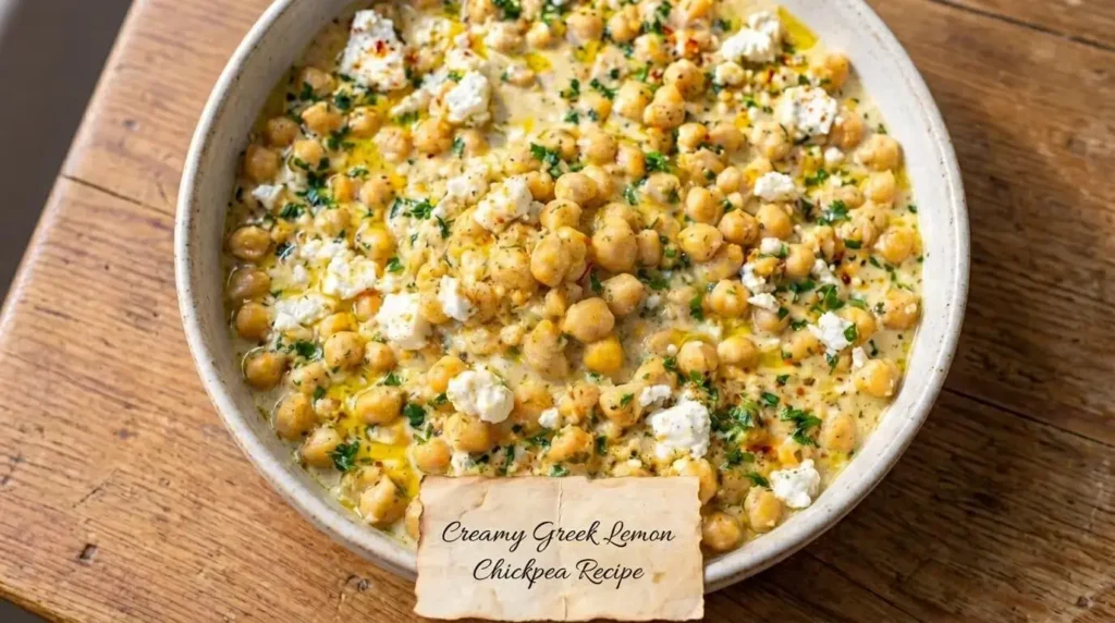 Creamy Greek Lemon Chickpea Skillet Recipe served in a ceramic bowl garnished with feta, parsley, and olive oil on a wooden table.