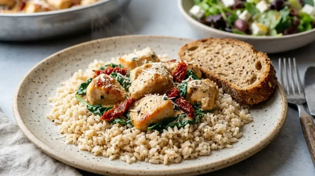 A plated serving of Creamy Tuscan Chicken Bites over brown rice with a side of whole grain bread and salad.
