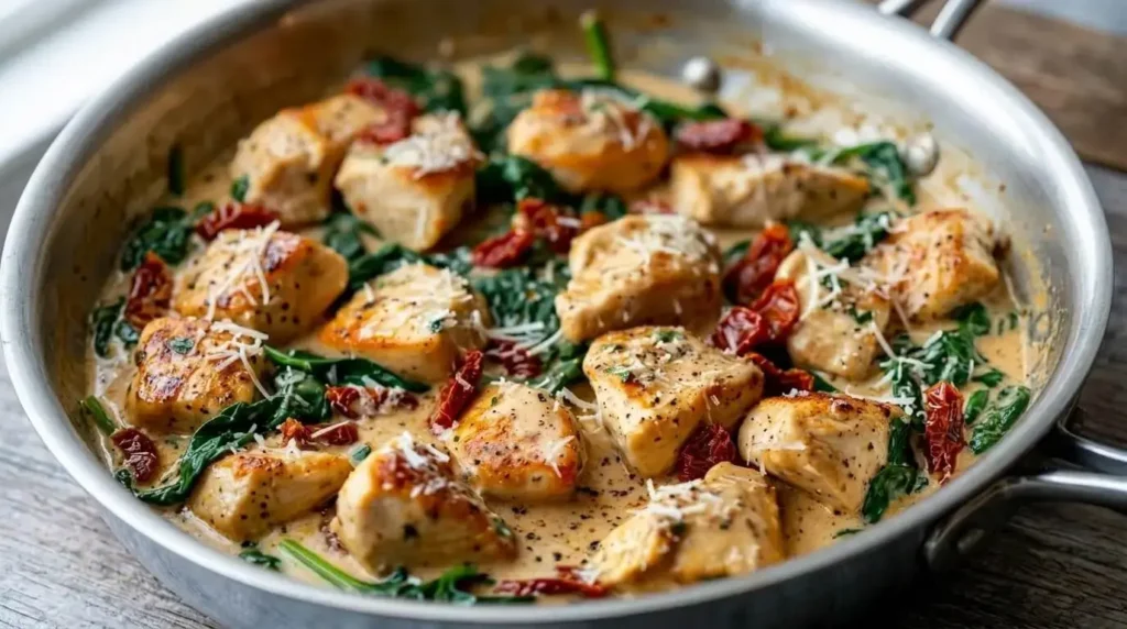 A stainless steel skillet filled with Creamy Tuscan Chicken Bites in a rich ivory sauce with sun-dried tomatoes, wilted spinach, and shredded Parmesan cheese.