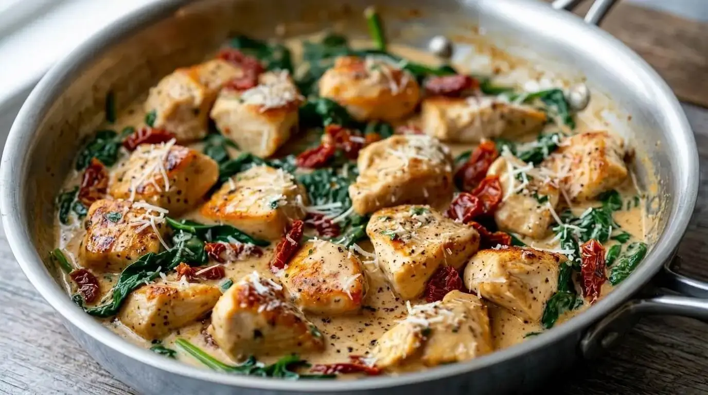 A stainless steel skillet filled with Creamy Tuscan Chicken Bites in a rich ivory sauce with sun-dried tomatoes, wilted spinach, and shredded Parmesan cheese.