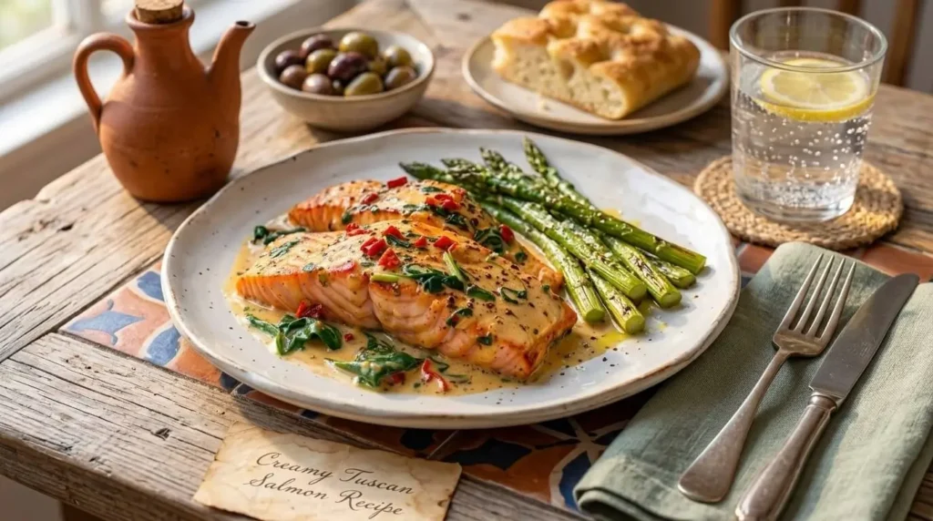 Plated Creamy Tuscan Salmon served with roasted asparagus on a white plate.