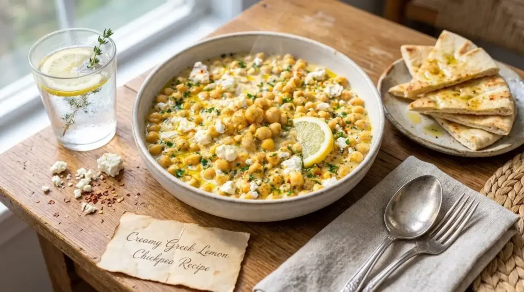 Creamy Greek lemon chickpeas served with warm pita bread wedges and fresh lemon slices.