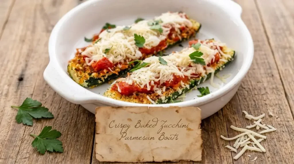 Crispy Baked Zucchini Parmesan Boats topped with marinara sauce, melted mozzarella, and fresh parsley in a white baking dish.
