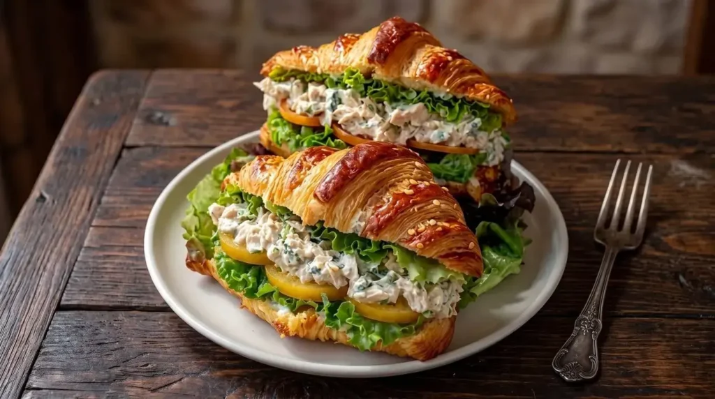 Two creamy chicken salad croissant sandwiches with green leaf lettuce and sliced tomatoes on a white plate on a wooden table.