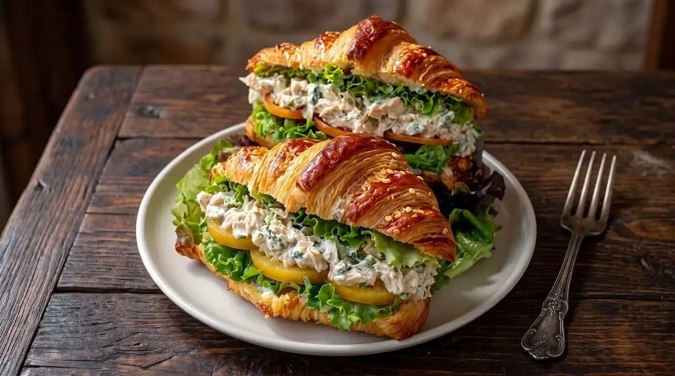 Two creamy chicken salad croissant sandwiches with green leaf lettuce and sliced tomatoes on a white plate on a wooden table.