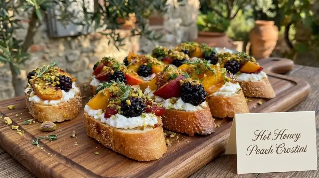 Crostini with Whipped Brie, Roasted Peaches, Blackberries, Hot Honey, and Pistachio Crunch on a rustic wooden platter outdoors.