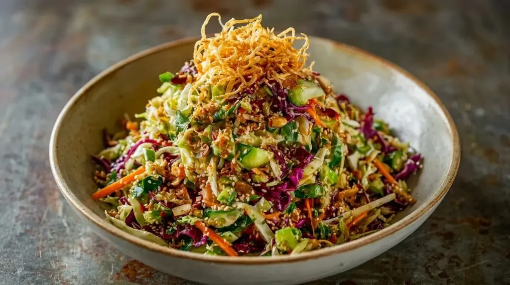 A large bowl piled high with crunchy Asian cabbage salad, featuring shredded green and purple cabbage, carrots, diced cucumber, and a tall nest of crispy wonton strips on top