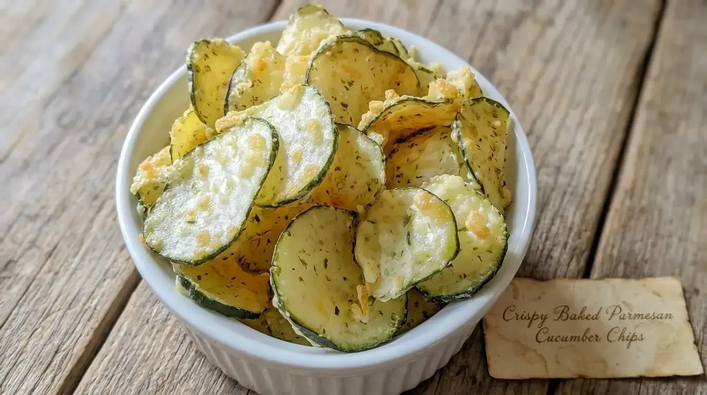 A white ribbed bowl filled with crispy baked parmesan cucumber chips seasoned with herbs on a rustic wood background.