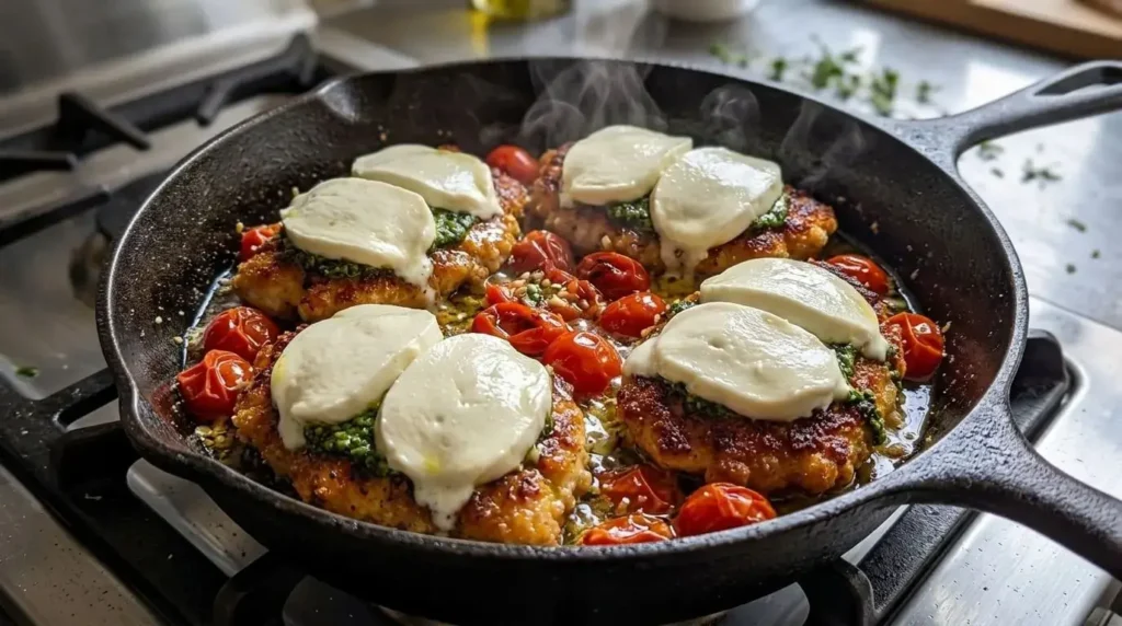 Breaded chicken cutlets inside a skillet topped with pesto, melting mozzarella slices, and surrounded by blistered garlic cherry tomatoes.