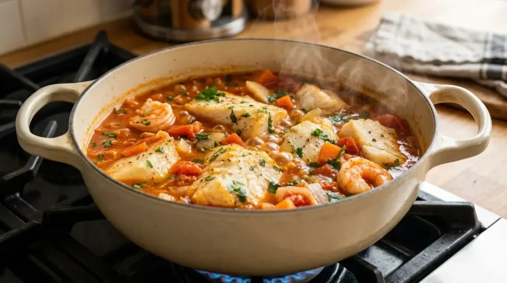White fish and shrimp poaching gently in a rich tomato and herb broth in a ceramic Dutch oven.