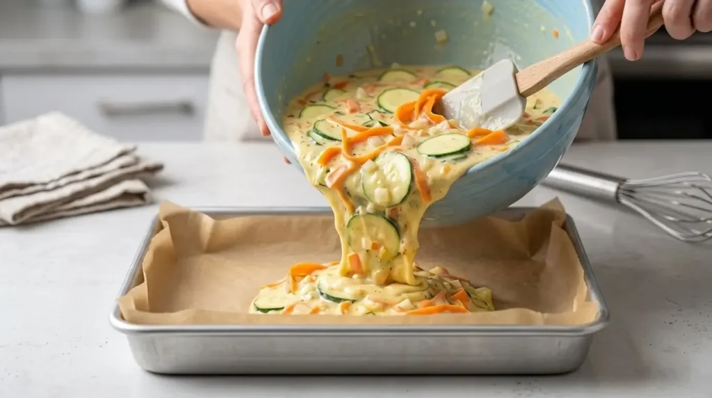 Pouring the egg and vegetable mixture into a parchment-lined rectangular baking dish.