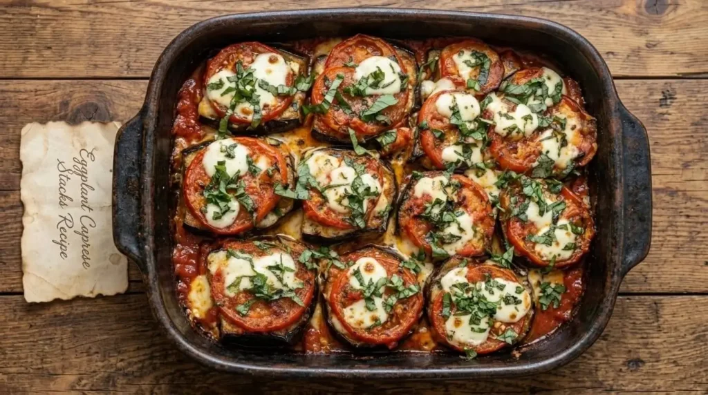 Baked Eggplant Caprese Stacks in a ceramic baking dish topped with melted mozzarella, sliced tomatoes, marinara, and fresh green basil.