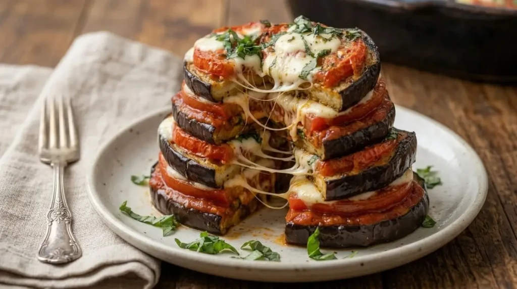 A single serving of two warm Eggplant Caprese Stacks plated on a white rustic dish garnished with fresh basil.