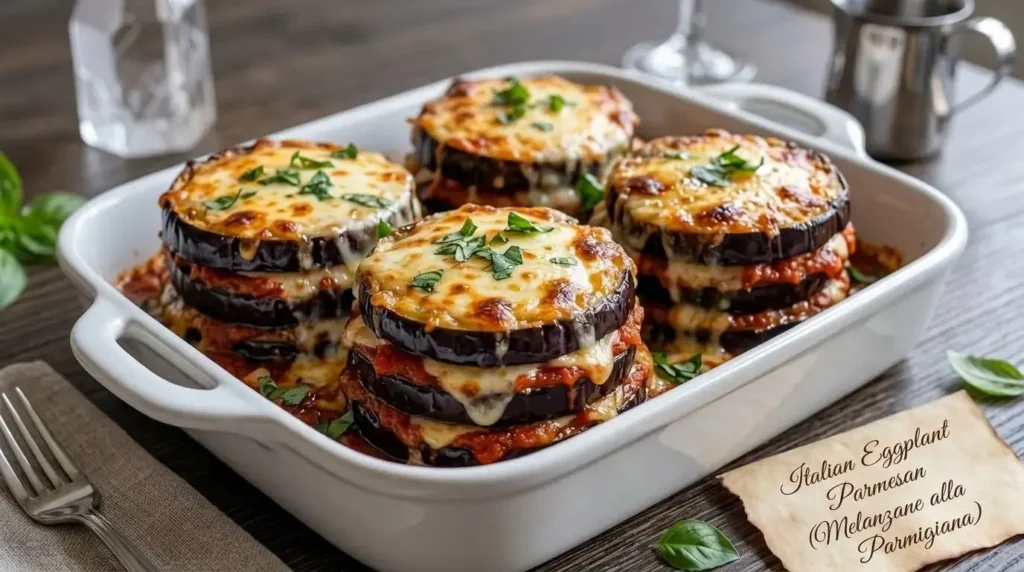 Authentic Italian Eggplant Parmesan recipe styled in thick triple-stacked round towers with bubbling mozzarella and fresh basil in a white baking dish.