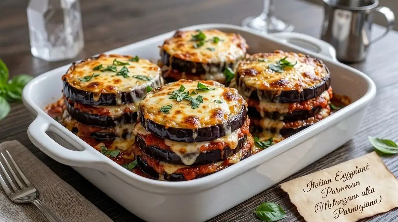 Authentic Italian Eggplant Parmesan recipe styled in thick triple-stacked round towers with bubbling mozzarella and fresh basil in a white baking dish.