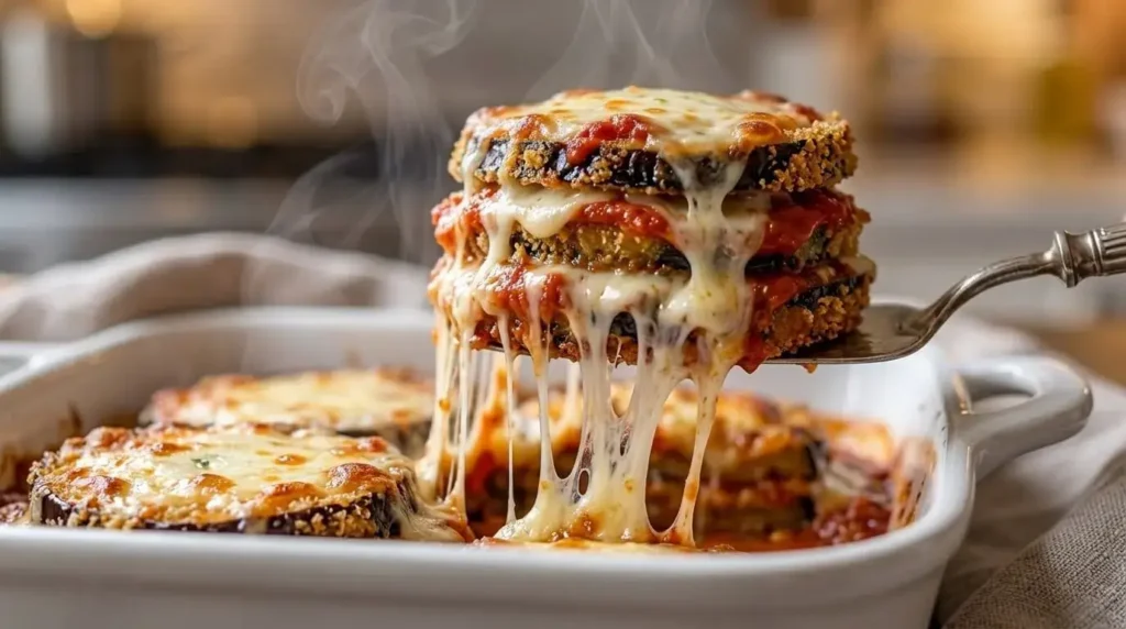 Macro shot of a single layered eggplant parmesan round tower with pulling strings of melted fresh mozzarella cheese.