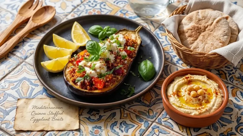 Vegetarian Mediterranean eggplant dinner served with fresh lemon wedges and herbs.