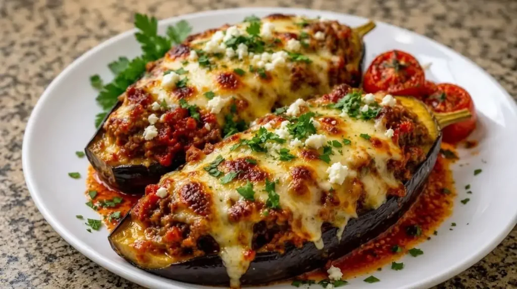 Two Mediterranean Turkish Stuffed Eggplant Boats on a plate, topped with bubbly cheese and fresh parsley.